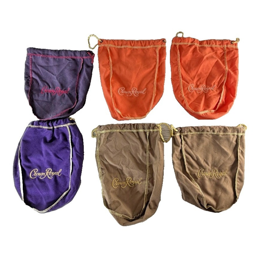 Crown Royal 9" Bags Lot of 6 - Brown 2 - Orange 2 - Purple 1 - Violet 1